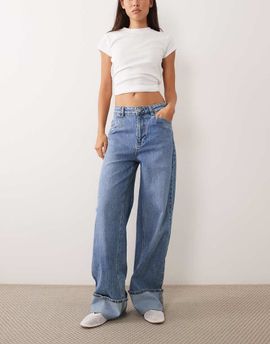 Vila Vila high waist wide leg turnup hem jeans in medium blue