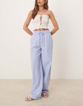 Vila Vila highwaist wide leg stripe dad pants with turn up cuff in blue