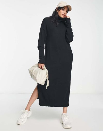 Vila Vila knitted roll neck maxi dress with side split in black