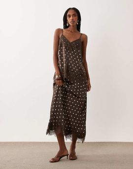 Vila VILA lace trim satin midaxi skirt in cream and chocolate polka dots - part of a set-White
