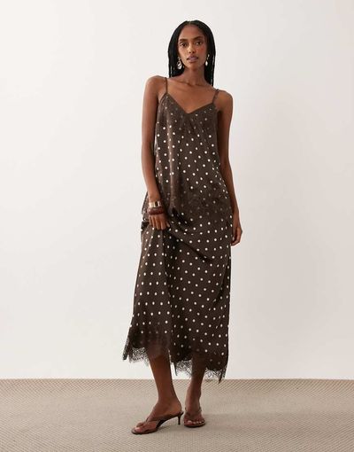 Vila VILA lace trim satin midaxi skirt in cream and chocolate polka dots - part of a set-White