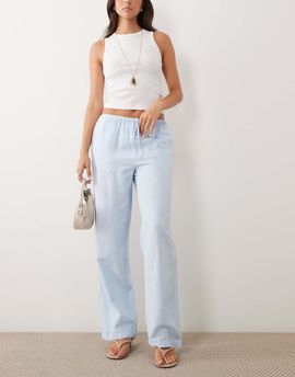 Vila VILA linen touch tie waist wide leg pants in light blue