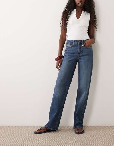 Vila VILA Lisa mid rise straight leg jeans in medium blue denim wash