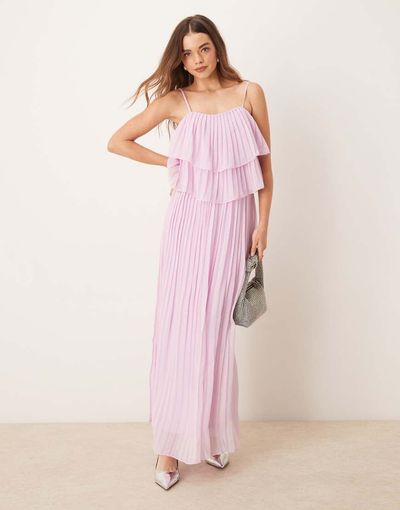 Vila VILA pleated ruffle layer cami maxi dress in orchid pink