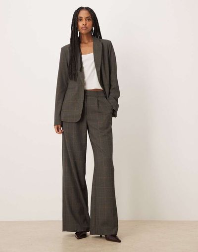 Vila VILA pleated wide leg tailored pants in brown plaid - part of a set-Multi