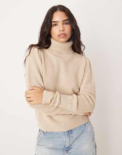 Vila Vila roll neck knit sweater in beige-Neutral