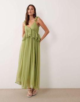 Vila VILA ruffle strap chiffon maxi dress in deep sage-Green