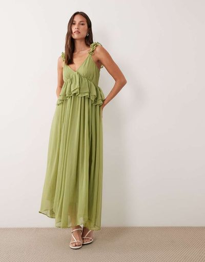 Vila VILA ruffle strap chiffon maxi dress in deep sage-Green