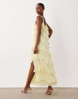 Vila VILA ruffled cami maxi dress with leg slit in pastel yellow