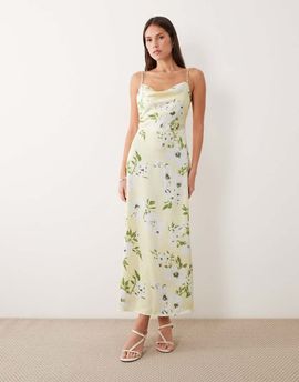 Vila VILA satin cowl neck maxi dress in pastel yellow floral print