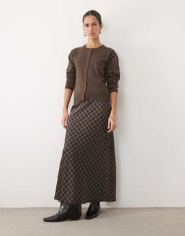 Vila Vila satin maxi skirt in brown check print