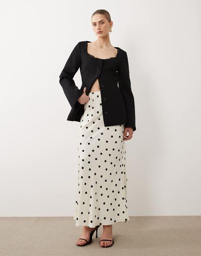 Vila VILA satin maxi skirt in cream and black polka dot-White