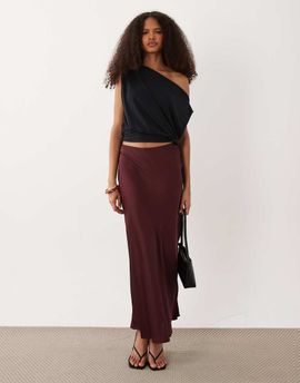 Vila VILA satin maxi skirt in deep burgundy-Red