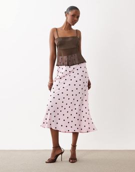 Vila VILA satin maxi skirt in pink and chocolate polka dots