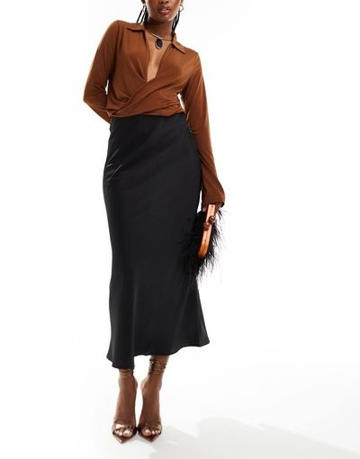Vila VILA satin midi skirt in black
