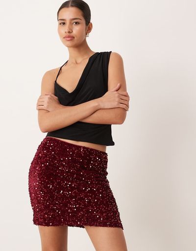 Vila Vila sequin mini skirt in dark red