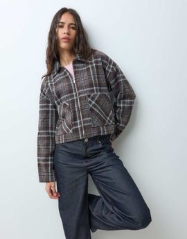 Vila Vila short textured harrington jacket in brown and blue check