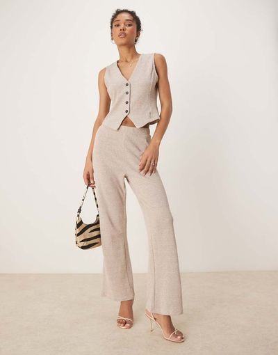 Vila Vila textured jersey wide leg pants in light heathered natural - part of a set-Neutral