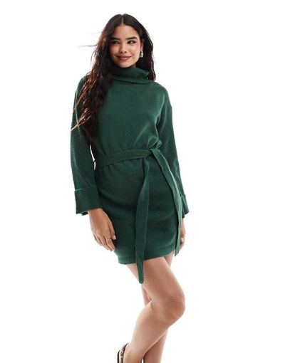 Vila Vila turtle neck mini sweater dress with tie waist in green