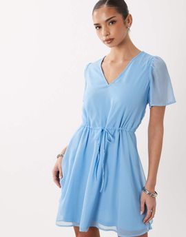 Vila VILA waist detail short sleeve mini dress in solid blue