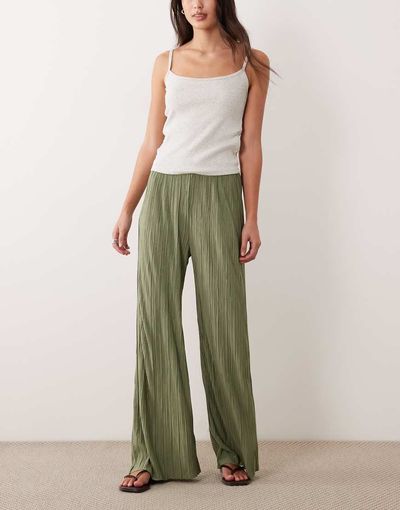 Vila Vila wide leg plisse pants in oil green - part of a set