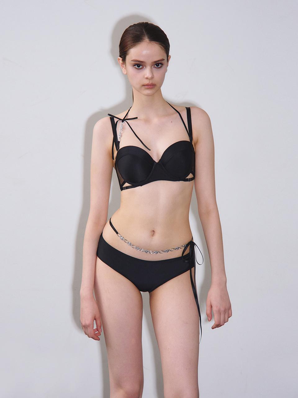 VINAJ Chain Ribbon Halter Demi Cup Bikini Bra [Black]