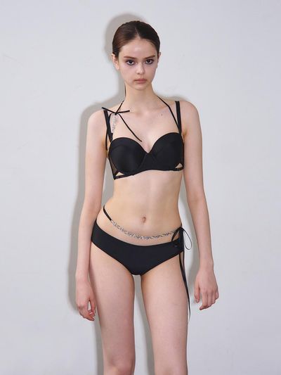 VINAJ Chain Ribbon Halter Demi Cup Bikini Bra [Black]
