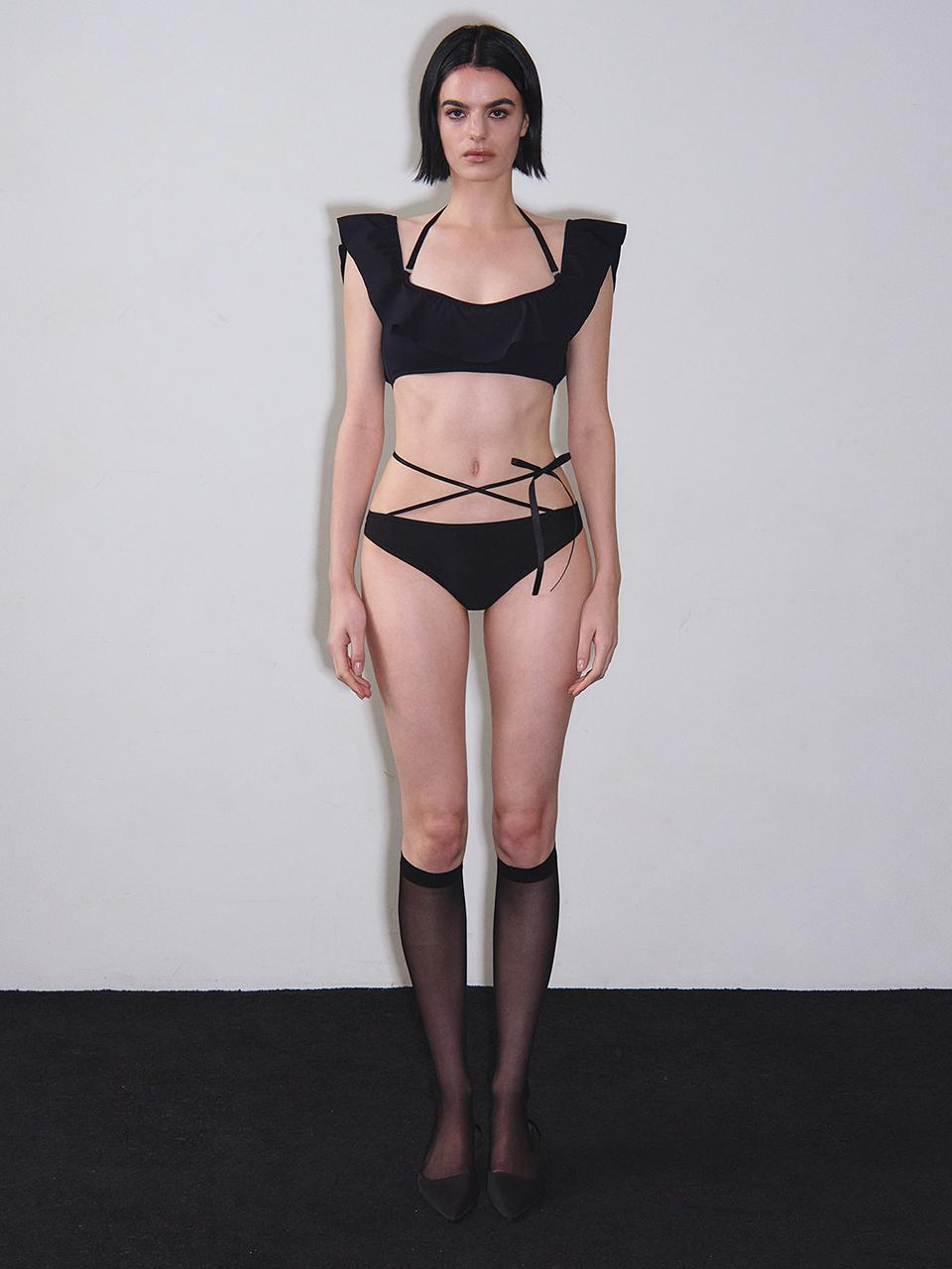 VINAJ Cross Ribbon Shirred Low Rise Bikini Panty [Black]