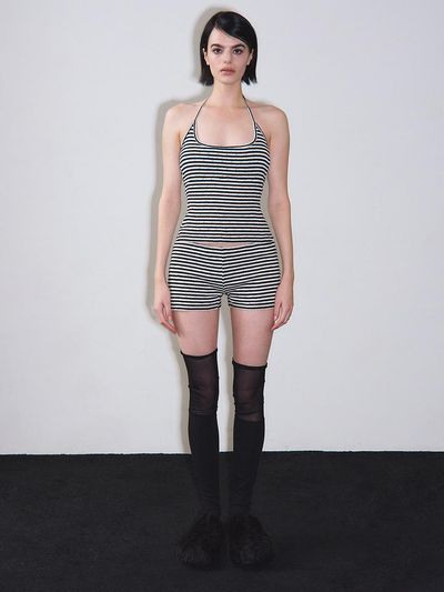 VINAJ Perforated Stripe Low Rise Cotton Pants [Black]