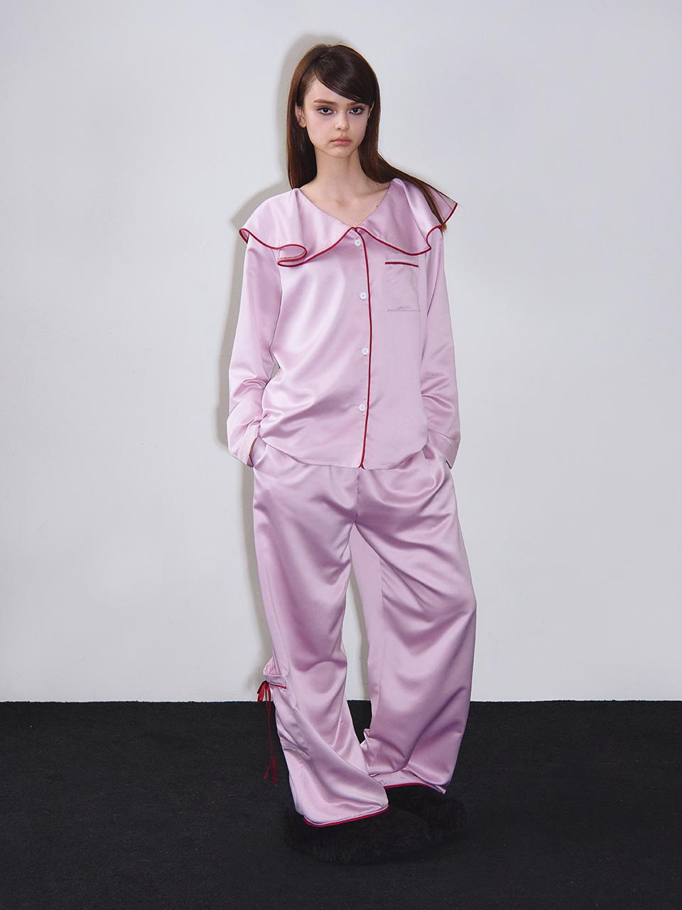 VINAJ Ribbon Pocket Stretch Satin Pajama Pants [Pink]