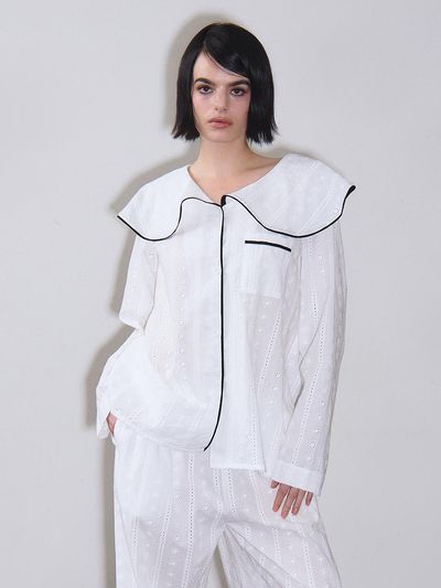 VINAJ Ruffle Collar Cotton Relaxed Fit Shirt [Beige]