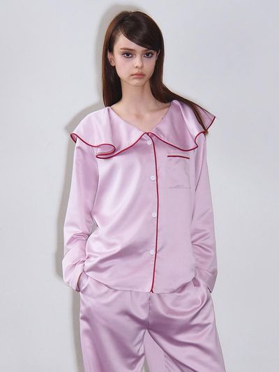 VINAJ Ruffle Collar Satin Pajama Shirt [Pink]