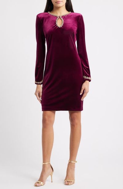 knee length dresses for ladies Sunburst Beaded Jersey Long Sleeve Jewel Neck Column Dress Missy / 16 / Black main image 1