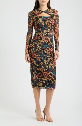 Vince Camuto Vince Camuto Floral Print Long Sleeve Mesh Midi Dress