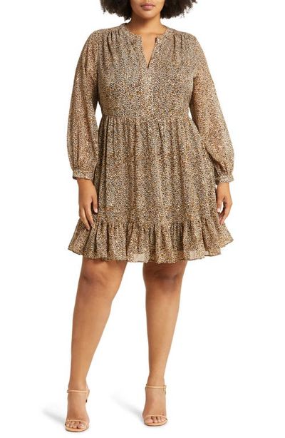 Vince Camuto Vince Camuto Leopard Print Ruffle Hem Long Sleeve Dress