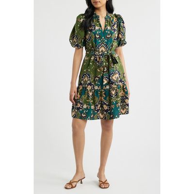 Vince Camuto Vince Camuto Print Tie Waist Puff Sleeve Dress