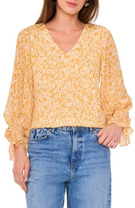 Vince Camuto Vince Camuto Printed V-Neck Ruffle Cuff Top