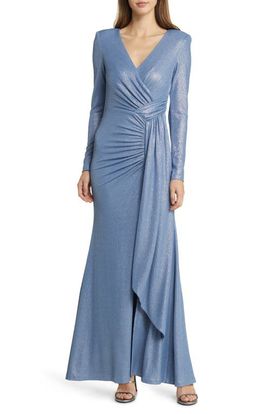 Vince Camuto Vince Camuto Ruched Metallic Side Drape Long Sleeve Gown