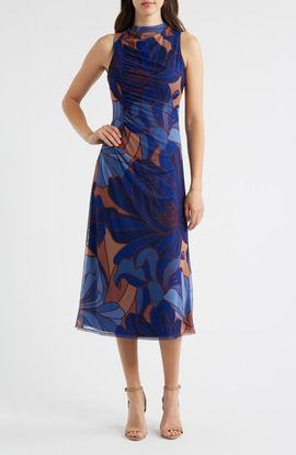 Vince Camuto Vince Camuto Ruched Sleeveless Mesh Midi Dress