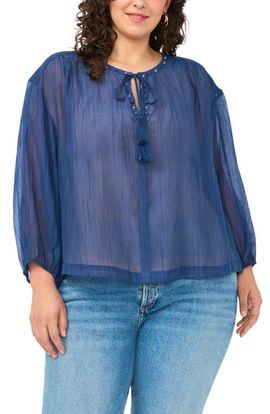 Vince Camuto Vince Camuto Split Neck Sheer Peasant Top