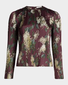 Vince Floral Micro-Pleated Crewneck Top