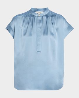 Vince Gathered Cap-Sleeve Silk Top