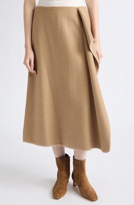 Vince Vince Blanket Stitch Wool Blend Wrap Midi Skirt