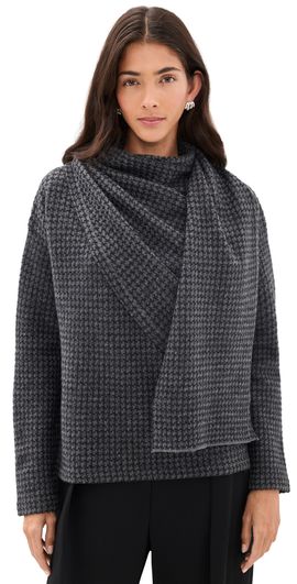 Vince Vince Draped Scarf Houndstooth Sweater Grey Combo
