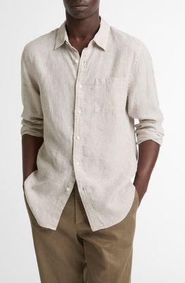 Vince Vince Houndstooth Classic Fit Linen Button-Up Shirt
