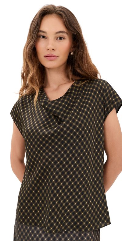 Vince Vince Ombre Plaid Silk Blouse Black/Camel