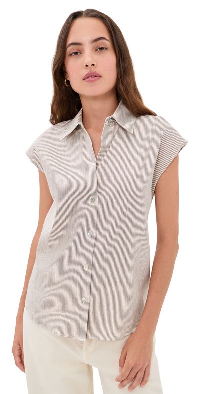 Vince Vince Ticking Stripe Cap Sleeve Blouse Taupe Wood