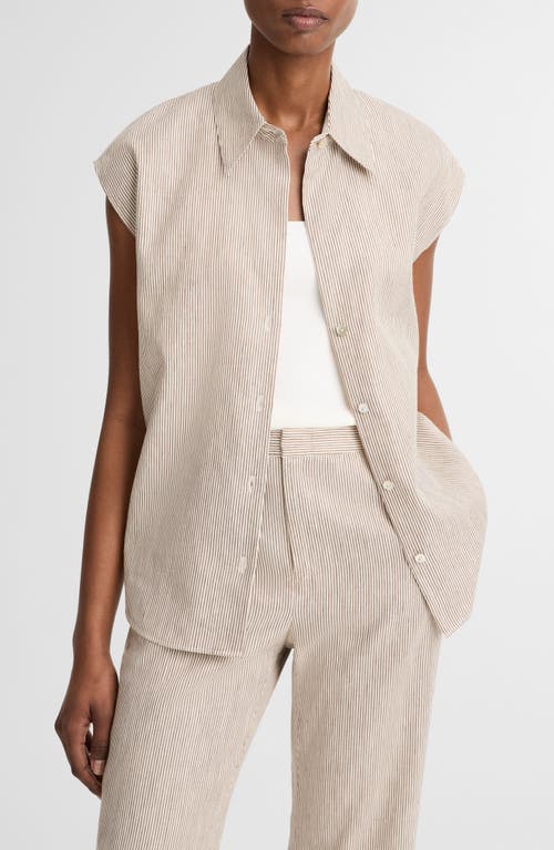 Vince Vince Ticking Stripe Cap Sleeve Linen & Cotton Button-Up Shirt