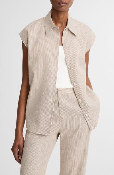 Vince Vince Ticking Stripe Cap Sleeve Linen & Cotton Button-Up Shirt