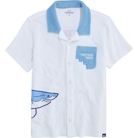 vineyard vines vineyard vines Kids' Shark Graphic Terry Trim Button-Up Shirt